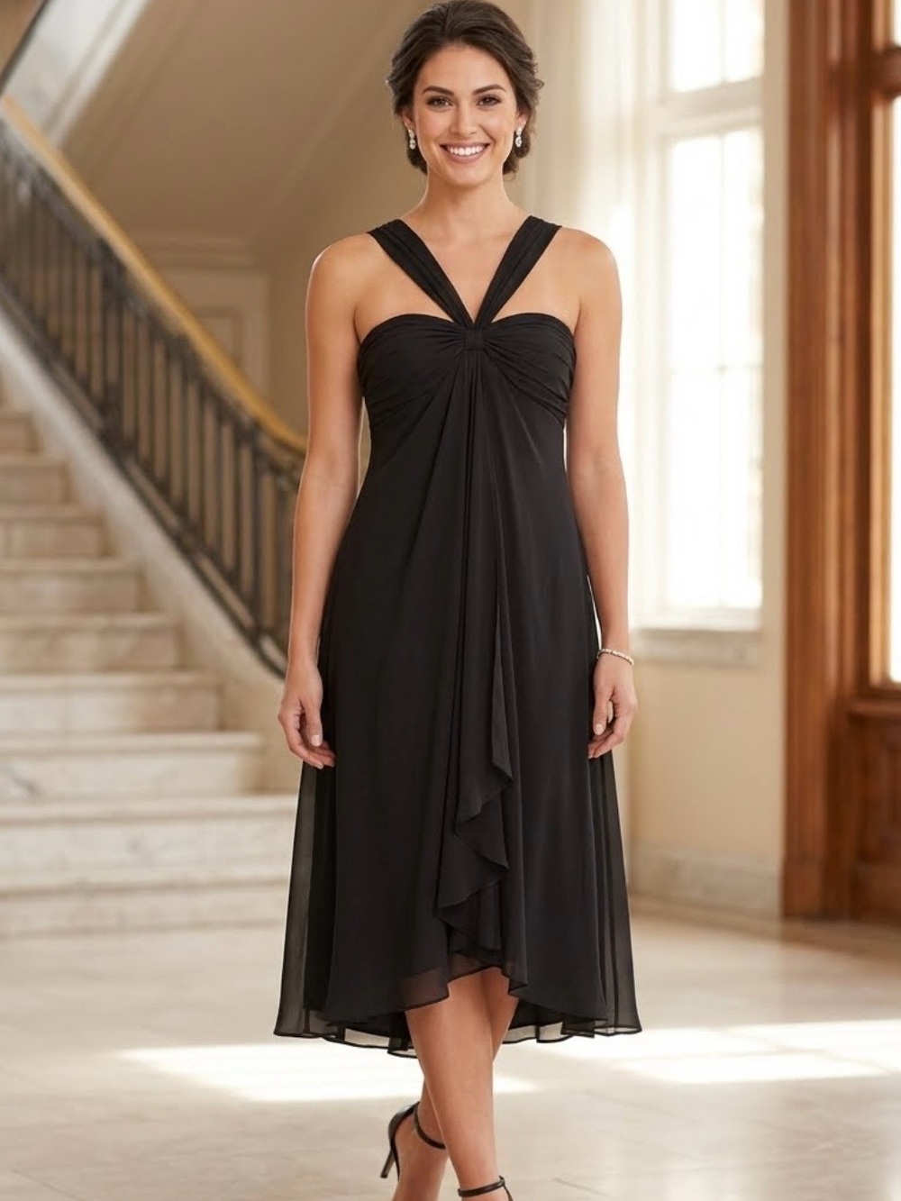 Maggy London 100% Silk Black Halter High-Low Chiffon Evening Dress, Size 8